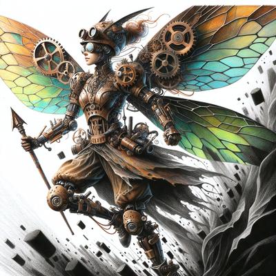 The primary subject of the image is a woman dressed in a mechanical outfit, standing on a rocky surface. She is holding a sword in her hand. The setting appears to be a dark, rocky environment, possibly a cave or a similar location. The visual style of the image is a combination of digital art and illustration, creating a unique and intriguing scene. The colors in the image are predominantly dark, with some shades of green and brown, giving the scene a moody and dramatic atmosphere.